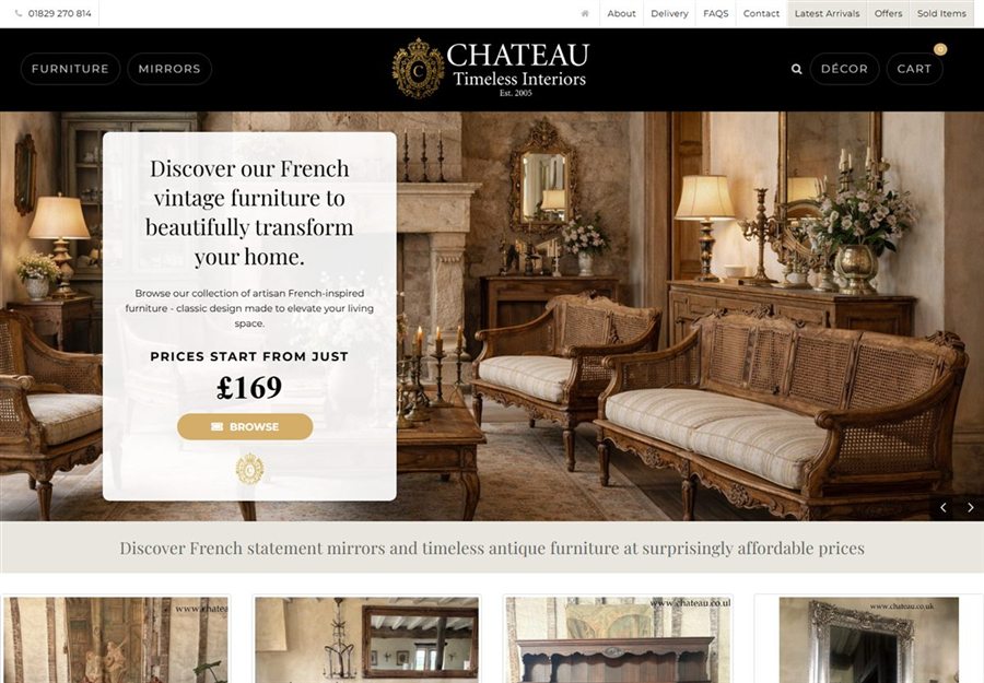 Chateau website, an online shop for French antiques, furniture and mirrors