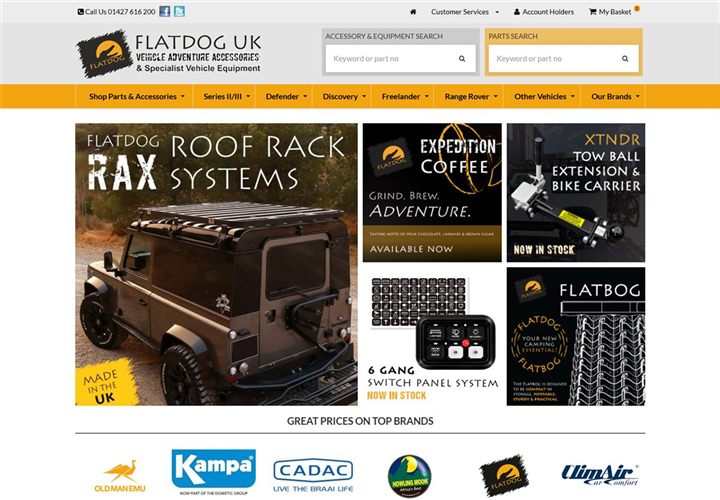 Flatdog UK website, a vehicle accessories shop with parts search