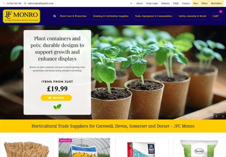 JFC Monro website, horticultural trade suppliers for Cornwall, Devon, Somerset and Dorset