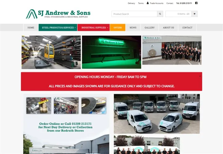 SJ Andrew and Sons website, steel stockholding and industrial supplies with online ordering