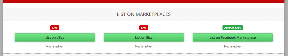 Futurestore control panel showing List on Marketplaces panel with buttons for eBay, Etsy and Facebook Marketplace